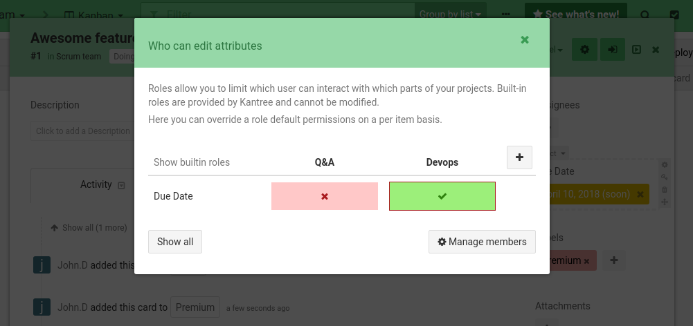 modal for attributes permissions
