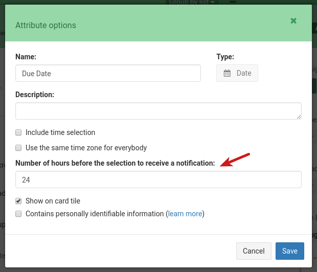 Date attribute hours remind before option