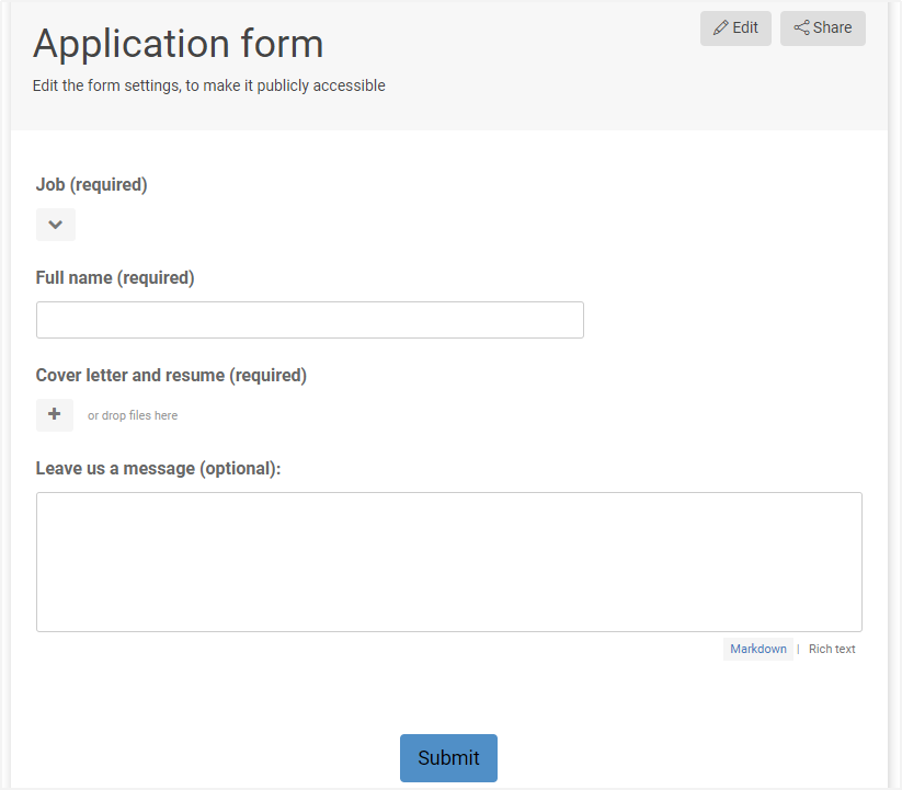 Application form designed with Kantree forms