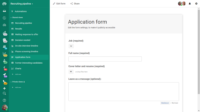 Application form designed with Kantree forms