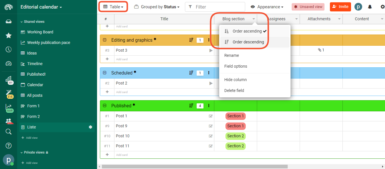 kantree table view sorting